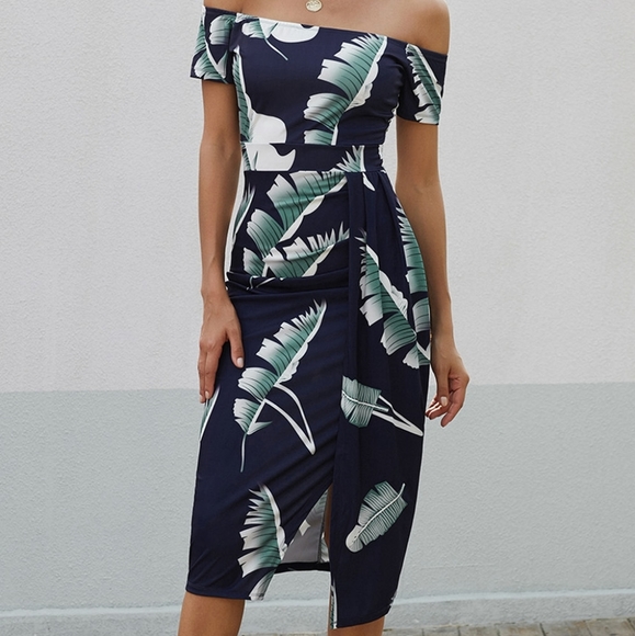 Dark Navy Printed Off-Shoulder Split Dress - Picture 3 of 5